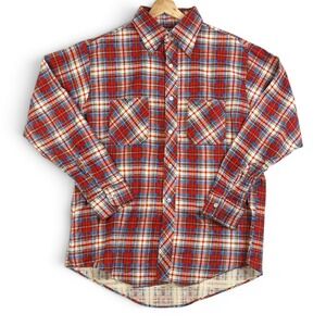 VTG 70s Montgomery Ward Mens Flannel Shirt L Red Plaid Deadstock Cotton Workwear